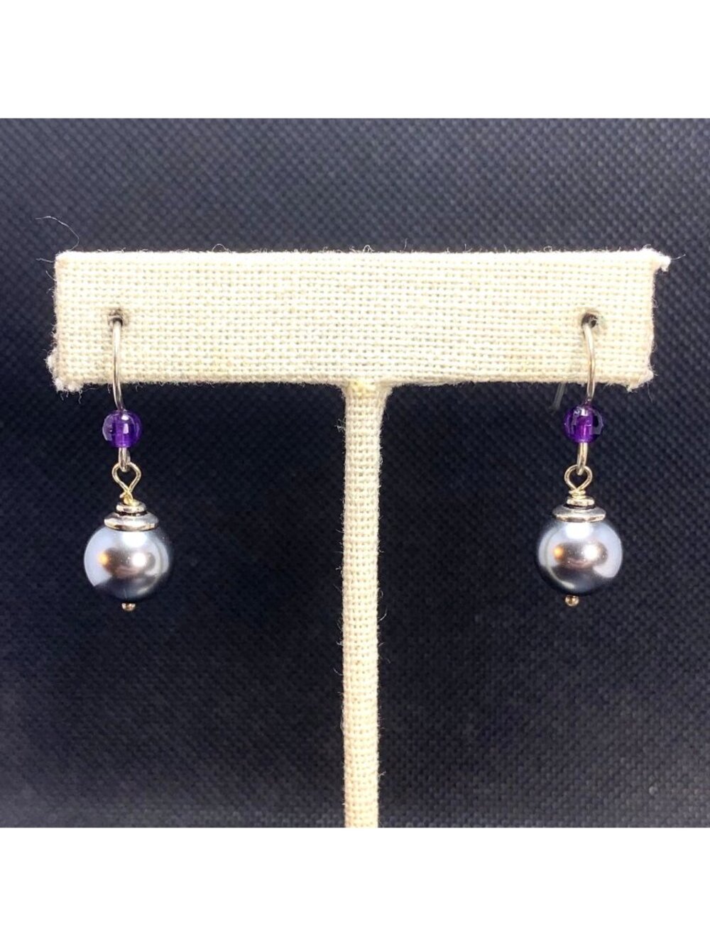 Amethyst & Faux Grey Pearl Sterling Silver 925 Dangle Earrings Size 1.25'' L